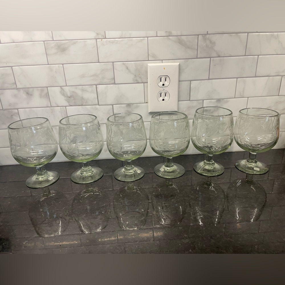 Set of 6 Handblown Recycled Glass Pepita Etched Floral Snifter Margarita Goblets